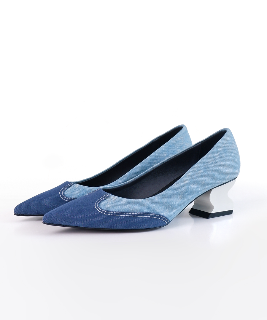 ONEL Blue Denim Pointed Toe Paneled Pumps on a plain white backdrop