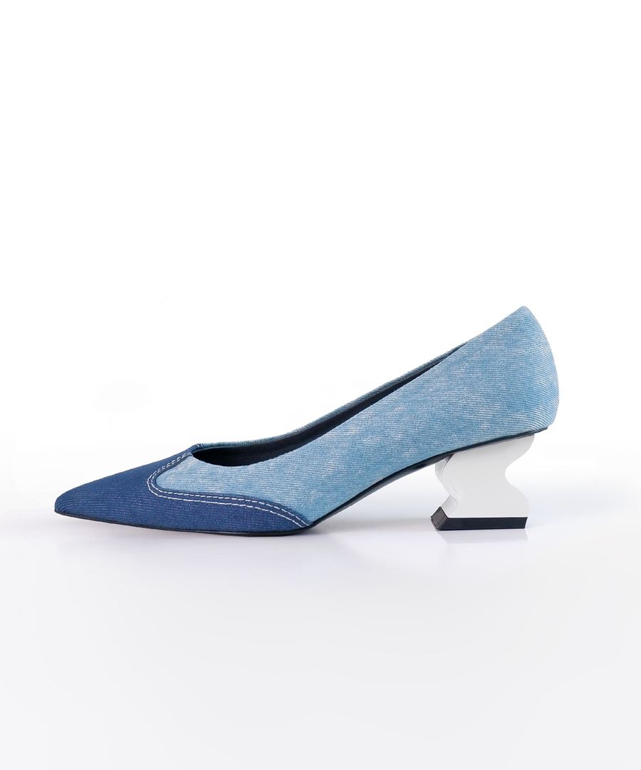 ONEL Blue Denim Pointed Toe Paneled Pumps on a plain white backdrop