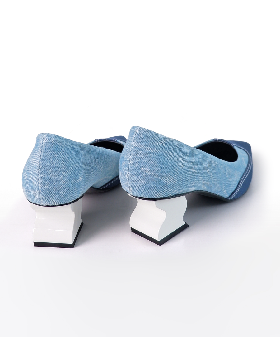 ONEL Blue Denim Pointed Toe Paneled Pumps on a plain white backdrop