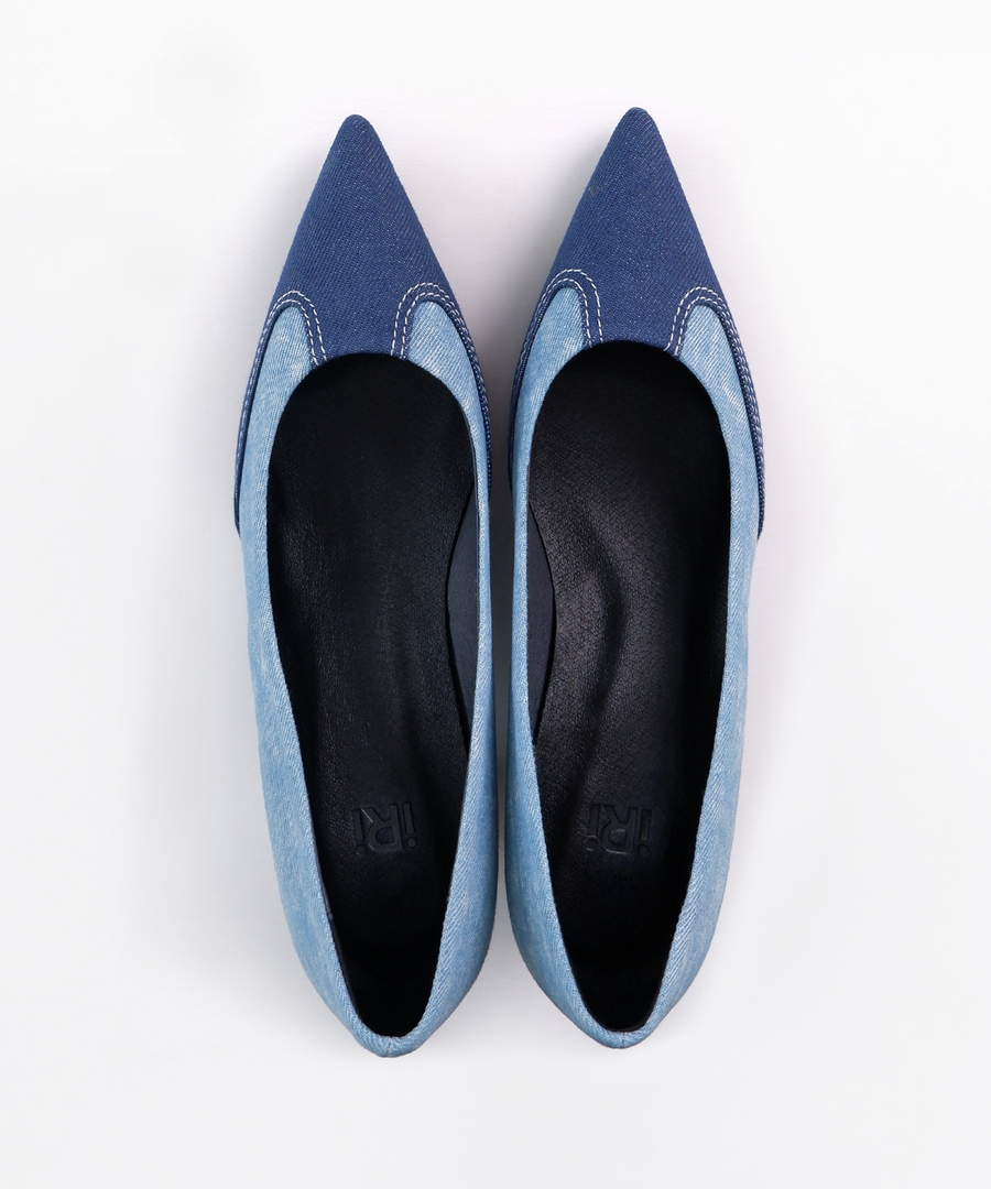 ONEL Blue Denim Pointed Toe Paneled Pumps on a plain white backdrop